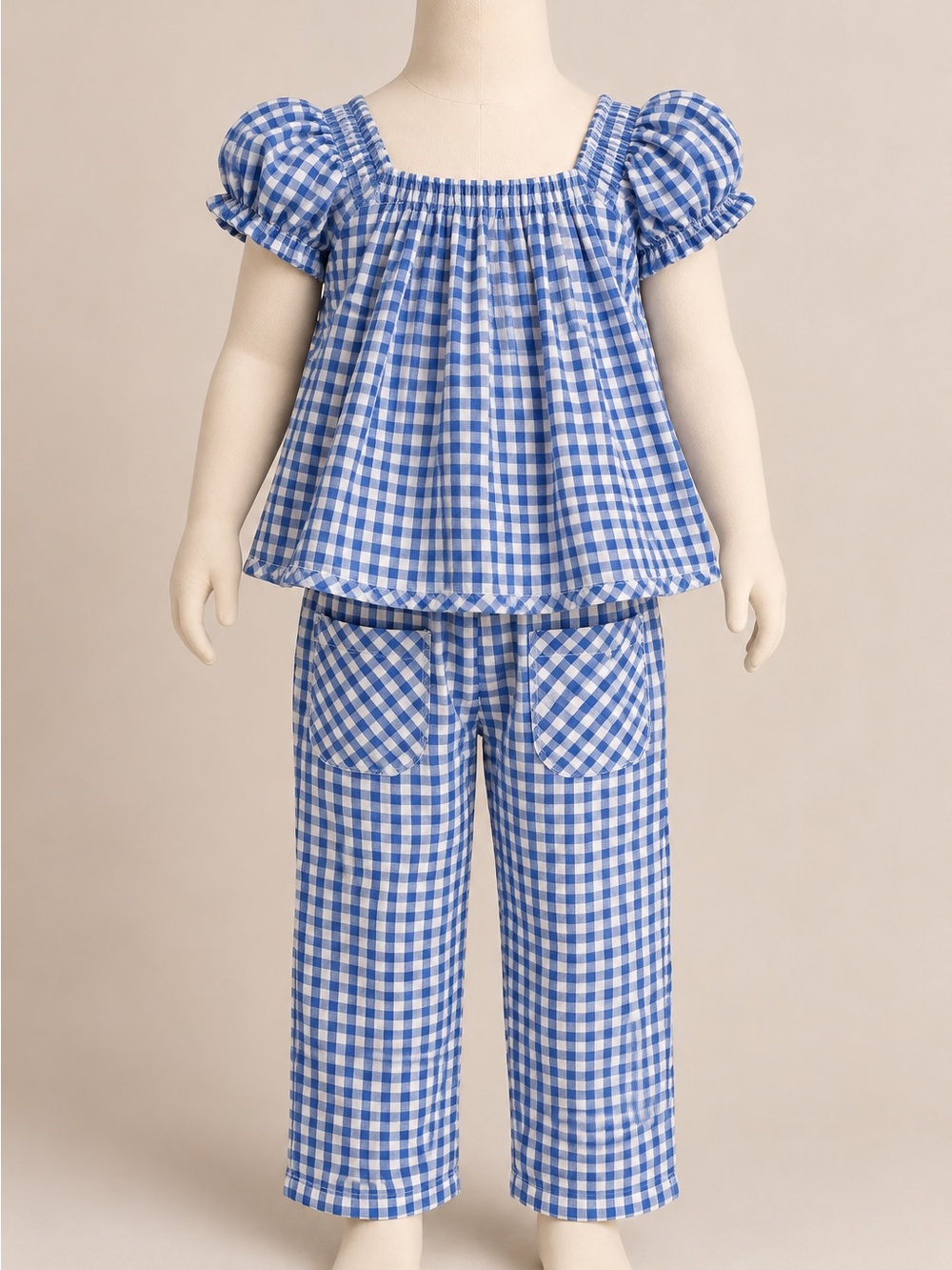 Wonder Nation Girls 4T Blue Gingham Seersucker Puff Sleeve Wide Leg Pants Set